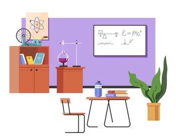 Biology or chemistry laboratory, school or university classroom interior. Furniture and appliances for experiments, board for writing, flask and liquid and plant accessories. Vector in flat style. Interior of school class, biology laboratories