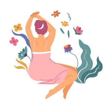 Woman surrounded by flowers and foliage, isolated female character with botany and leaves. The feminine personage in dress turned with her back. Vector in flat style, pretty lady illustration. Female character with foliage and flowers vector