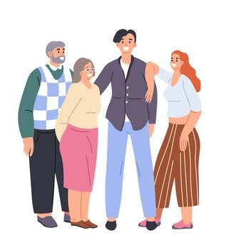 Young people and grandparents, isolated grandmother and grandfather with grandson and granddaughter. Family portrait and spending time together, male and female characters. Vector in flat style. Family portrait, young people and grandparents