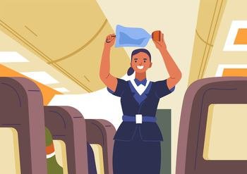 Safety demonstration by flight attendant, stewardess showing how to open and use oxygen mask. Female character working for air company caring for security of passengers. Vector in flat style. Stewardess showing how to use oxygen mask vector