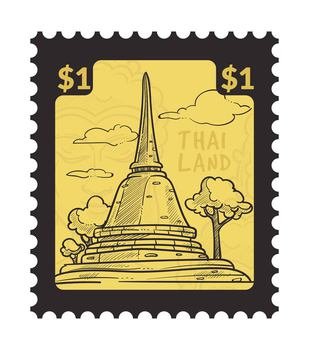 Postmarks and postcards with famous Thailand sights and famous places, architecture. Traveling and vacation. Postal mark or card, mail correspondence monochrome sketch outline. Vector in flat style. Thailand famous sights on postcards or postmarks