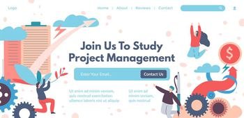 Study project management, contact us for details. Courses and training online, education and certification for employees, development. Website landing page, internet site, vector in flat style. Join us to study project management, contact us