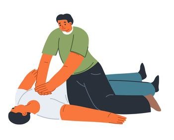Cardiopulmonary resuscitation lifesaving technique for first aid and medical help in emergency situations. Isolated man giving artificial ventilation to unconscious personage. Vector in flat style. First aid, artificial ventilation or CPR help