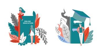 Education for students online, isolated people with books and publications. Leaves and foliage decoration with textbook. Chat and support during educative process. Vector in flat style illustration. Online education, courses for students classes
