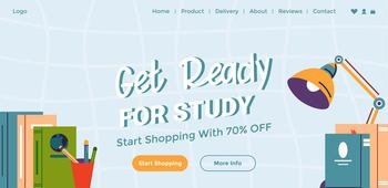 Star shopping now and get discount on products for school and university. Studying and obtaining knowledge at courses online in web. Website page, landing page template. Vector in flat style. Get ready for study, start shopping today, vector