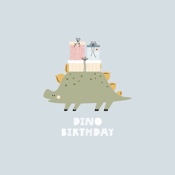 Illustration in a simple hand drawn style with a cute Birthday dinosaur and gift boxes. Funny character on a holiday greeting card. Mischief design for kids prints.. Illustration in a simple hand drawn style with a cute Birthday dinosaur and gift boxes