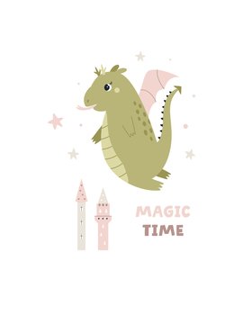Colorful childish illustration with funny flying dragon and princess castles. Sweet design for posters, nursery decorations, frame art, kids print. Colorful childish illustration with funny flying dragon and princess castles.