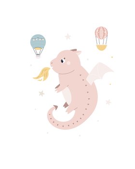 Cute design with adorable pink dragon in the sky with hot air balloon. Adorable design for posters, nursery decorations, frame art, kids print. Cute design with adorable pink dragon in the sky with hot air balloon