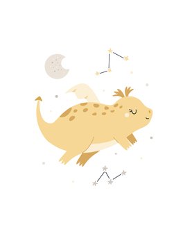 Childish illustration with cute yellow dragon flying among stars and moon. Adorable design for posters, nursery decorations, frame art, kids print. Childish illustration with cute yellow dragon flying among stars and moon