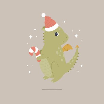 Christmas holiday illustration with adorable dragon in a santa hat with candy stick. Seasonal print with cute character. Christmas holiday illustration with adorable dragon in a santa hat with candy stick