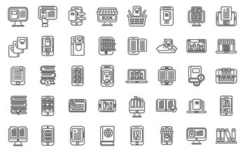 Online bookstore icons set outline vector. Open book. Author literature. Online bookstore icons set outline vector. Open book