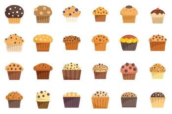 Muffin icons set flat vector. Bakery cake. Cupcake birthday isolated. Muffin icons set flat vector. Bakery cake