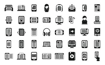 Digital reading icons set simple vector. Library book. Media audiobook. Digital reading icons set simple vector. Library book
