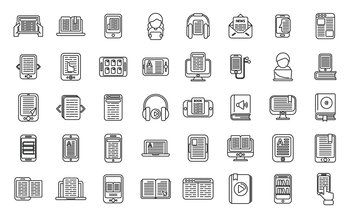 Digital reading icons set outline vector. Library book. Media audiobook. Digital reading icons set outline vector. Library book