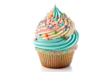 Delicious birthday cupcake with butter cream icing isolated on white. Generative AI