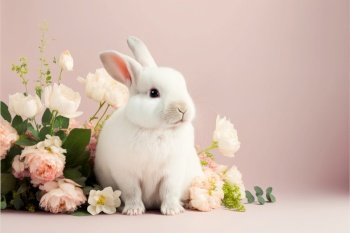 Lovely baby bunny with flowers on pink background. Cute fluffy rabbit. Animal Easter symbol concept. Generative AI
