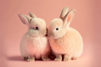 Two loving and cute rabbits kissing. Love symbol. Pink background. Gererative AI
