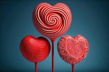 Valentines day. Three lollipop hearts on blue background. Love concept to use as card. Generative AI