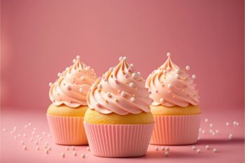 Delicious cupcakes on color background, Space for text. Generative AI 