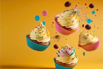 Delicious cupcakes falling down on color background, Space for text. Generative AI 