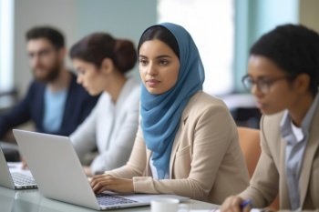 a Smiling muslim female student studying, using laptop in classroom. AI Generative