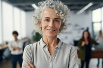 Portrait of confident business woman looking at camera in office. Work team behind. AI Generative