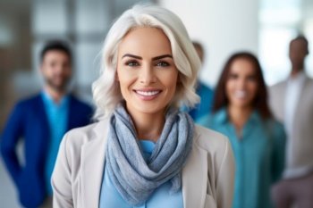 Confident stylish mid aged woman standing at home office. Mature businesswoman, blond lady executive business leader manager looking at camera AI AI Generative