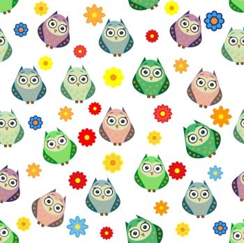 Cute multicolored owls and flowers in cartoon style, childish seamless pattern, newborn. Creative childish background for fabric, textile or wrapping paper.. Cute multicolored owls and flowers in cartoon style, childish seamless pattern, newborn. Creative childish background for fabric, textile