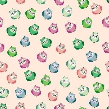 Cute multicolored owls and flowers in cartoon style, childish seamless pattern, newborn. Creative childish background for fabric, textile or wrapping paper.. Cute multicolored owls and flowers in cartoon style, childish seamless pattern, newborn. Creative childish background for fabric, textile