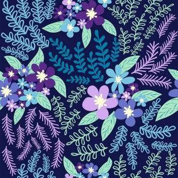 Fantasy seamless floral pattern with blue, azure, tsman, lavender flowers and leaves. Elegant template for fashion prints. Fantasy seamless floral pattern with blue, azure, tsman, lavender flowers and leaves. Elegant template for fashion