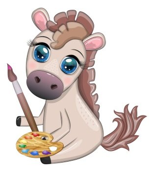 Cute horse with paint palette and brush, artist character, children’s illustration.. Cute horse with paint palette and brush, artist character, children’s illustration