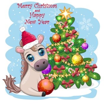 Cute horse, pony in Santa’s hat with candy kane, Christmas ball, gift, ice skating. Winter is coming, Christmas postcard. Cute horse, pony in Santa’s hat with candy kane, Christmas ball, gift, ice skating. Winter is coming