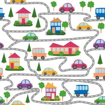 Cars, buses, trains, houses and roads, city seamless childish pattern. Cute illustrations for children’s room design, postcards, clothes. Cars, buses, trains, houses and roads, city seamless childish pattern