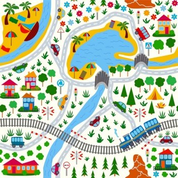 Detailed children’s map of the city. Cars, buses and trains, houses and roads, river, forest and city seamless childish pattern.. Detailed children’s map of the city. Cars, buses and trains, houses and roads, river, forest and city seamless childish pattern