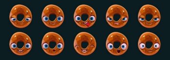 Cute bagel character face emoji set. Cartoon kawaii bakery with poppy seeds, ui comic funny game personage. Pastry mascot happy, shocked, sad, surprised, show tongue and angry. Vector illustration. Cute bagel character face emoji set, kawaii bakery