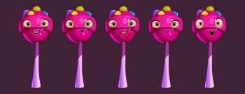 Funny lollipop character face emoji set, cartoon pink candy on stick ui comic game personage, happy, surprised wow face and show tongue emotions. Cute happy sweet food mascot, Vector illustration. Funny lollipop character face emoji, pink candy