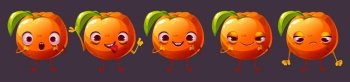 Cute orange cartoon character face emoji set. Funny citrus fruit ui comic game personage, happy, rejoice, upset, sad, surprised, show tongue and grin emotions. Healthy food mascot, Vector illustration. Cute orange cartoon fruit character face emoji set