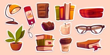 Collection of cozy leisure time stickers. Vector cartoon illustration of books, warm blanket, chocolate, coffee cup, candle, lamp, bookmark, eyeglasses and flower pot. Hygge home atmosphere elements. Collection of cozy leisure time stickers