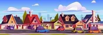 Suburb street with houses and driving cars, suburban with residential district with cottages and transport, countryside area with home facades, green trees and asphalt road Cartoon vector illustration. Suburb street with houses and driving cars, Vector