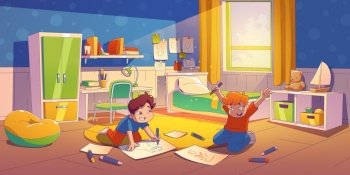 Brothers play in kids daycare room or home bedroom interior. Creative children painting in albums sitting on floor with scatter pencils in cozy interior, Cartoon linear flat vector illustration. Brothers play in kid daycare room or home interior