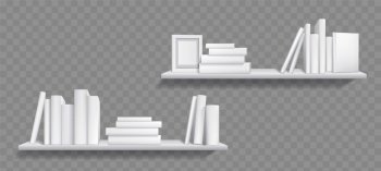 Books stacks on shelves for home interior. Bookshelves with paper literature in blank white covers in rows and piles and empty picture frame, vector realistic illustration. Books stacks on shelves for home interior