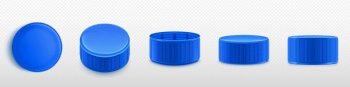 Blue plastic bottle caps png set isolated on transparent background. Realistic 3D illustration of screw lids top, side, front, upside down view. Mockup of cover for mineral water, soda, medicines. Blue plastic bottle caps png set on transparent