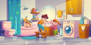 Kids at home bathroom, little children washing in tub with soap bubbles and toys, brushing teeth, doing hygiene procedures, family characters daily routine before sleeping, Cartoon vector illustration. Kids at home bathroom, little children hygiene