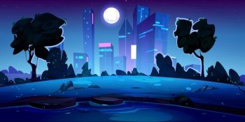 Summer night park with lake in big city. Cartoon vector illustration of beautiful public garden landscape with river and trees, modern building silhouettes in background under full moon light. Summer night park with lake in city, moon light