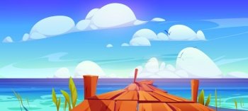 Sea or lake water with wooden pier. Summer landscape of river dock, ocean harbor beach with old wood wharf and green grass. Berth with boardwalk on sea bay coast, vector cartoon illustration. Sea or lake water with wooden pier