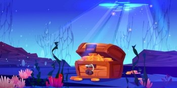 Cartoon vector treasure chest underwater in ocean. Light throuh water on hidden box with gold coins on seabed background illustration. Deep undersea adventure for lost treasury and trophy.. Cartoon vector treasure chest underwater in ocean