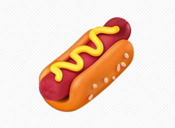 3D hot dog street snack isolated on transparent background. Realistic vector illustration of traditional American fast food made of sesame bun, sausage, mustard sauce. Restaurant menu design element. Hot dog street snack isolated on transparent