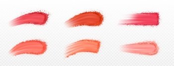 Set of vector realistic face blusher powder smear. Isolated makeup cosmetic swatch on transparent background. Mineral product stroke, beauty product samples. Broken powder sample texture, pink colors. Brown eyeshadow smear. Cosmetic swatch texture