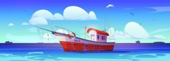 Fish trawler boat in sea vector marine background. Commercial fishery ship with lifebuoy in ocean water cartoon vector illustration. Empty nautical adventure game for catching food equipment in river.. Fish boat in sea, commercial ship in ocean vector