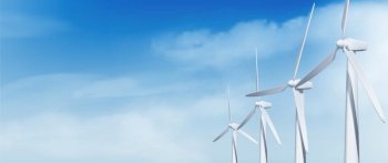 Realistic 3D wind turbines against blue sky background. Vector illustration of windmill farm with rotating blades for alternative power generation. Modern technology, renewable energy equipment. Realistic 3D wind turbines on blue sky background